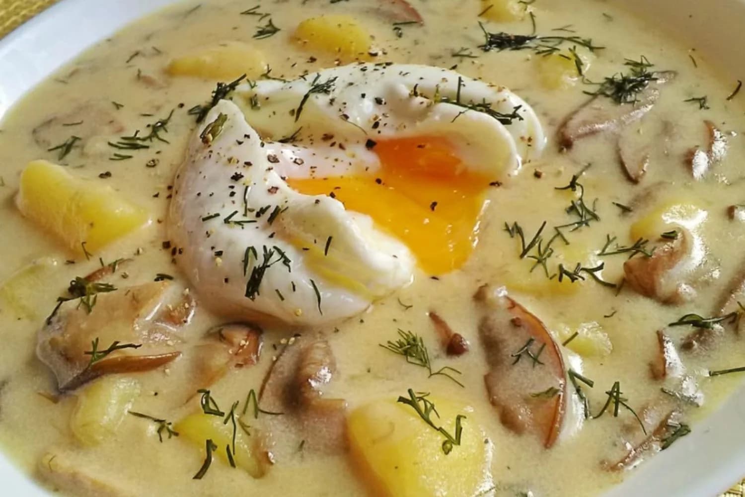 Кулайда — сливочный грибной суп с укропом и яйцом-пашот